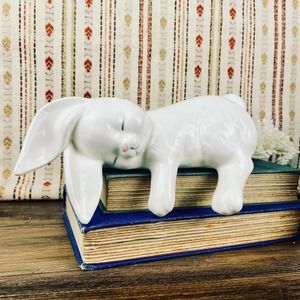 Vintage Shelf Decor, Bunny Shelf Sitter, Book Stack Topper, White Rabbit Figure